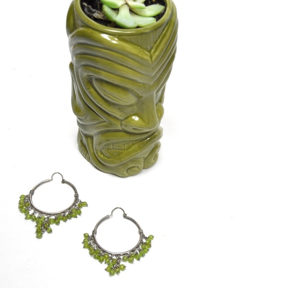 Balinese Natural Peridot Bead Silver Hoop Earrings - Picture 5 of 5